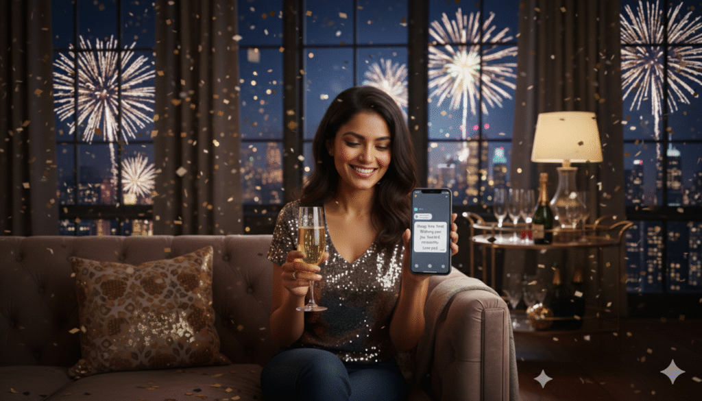 femme qui reçoit des messages pour le nouvel an