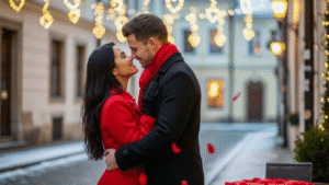 un couple qui s'aime dans la rue le jour de la saint-valentin